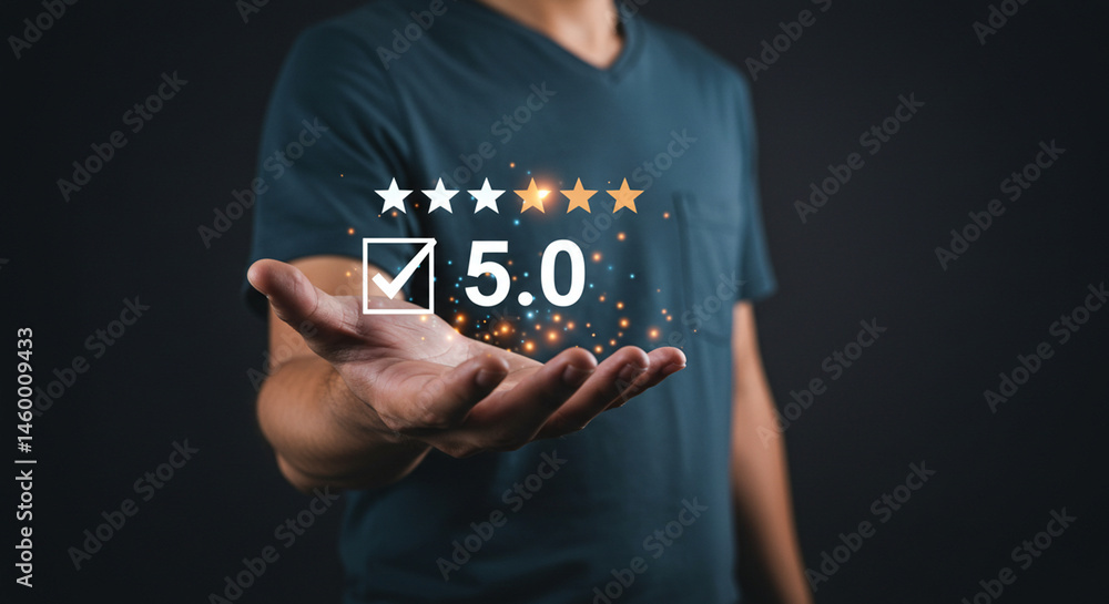 Poster man presenting five star rating with check mark on hand in dark background with glowing particles bu