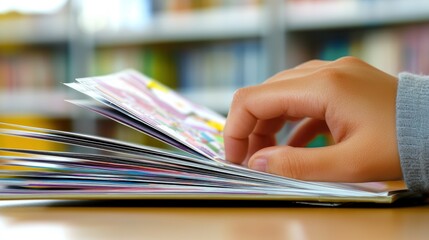 Close-up of a hand turning pages of a colorful photo album.