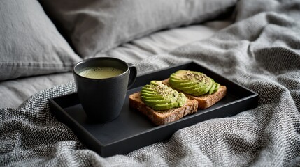 Modern minimalist breakfast in bed, sleek black tray with avocado toast and matcha latte, grey linens, Scandinavian interior