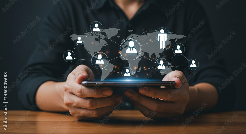 Poster person holding phone displaying global network connections with world map overlayed on screen busine