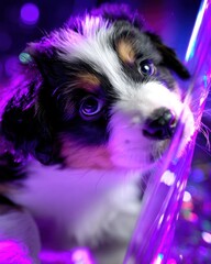 Close-up of a tri-colored australian shepherd puppy with dark eyes and purple translucent object