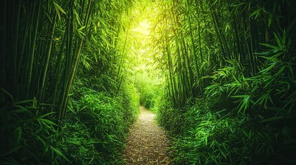 Obraz premium Lush bamboo forest path. Sunlight filters through dense foliage