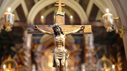 Intricately carved wooden crucifix of jesus christ in a traditional church setting for symbolism of faith and spiritual devotion, religious iconography, worship