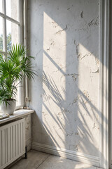 Sunlit Vintage Room with Potted Palm & Textured Wall