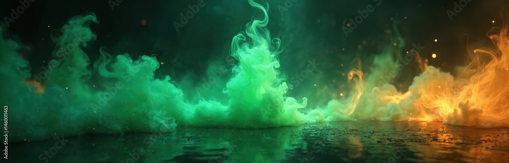 Poster abstract illustration green flame fire magic on a dark background. futuristic illustration concept o