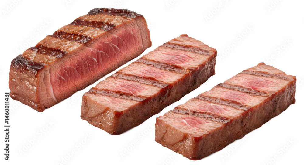Poster three rectangular pieces of grilled meat with grill marks arranged in a row on a black background