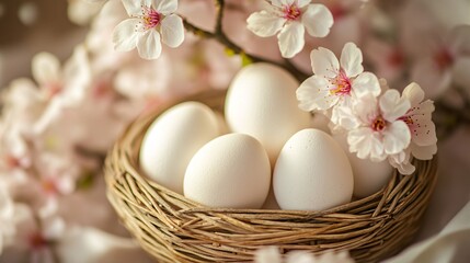 A Beautifully Arranged Basket of Eggs Nestled Among Cherry Blossoms