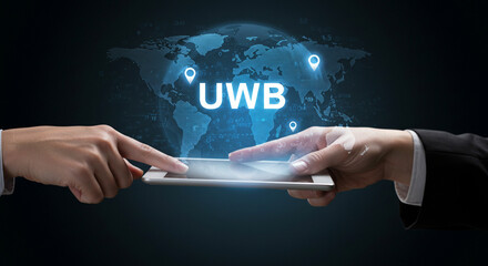 Hands interacting with a tablet displaying uwb over a world map with location pins in the background business, data