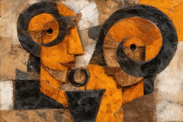 Close-up of abstract artwork with two stylized faces in orange and brown tones, textured layered materials and black circular elem
