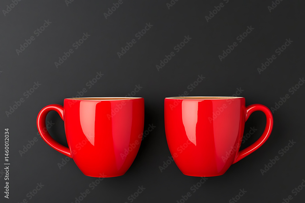 Poster two red cups sit side-by-side on a dark surface, creating a simple yet striking visual for coffee, t