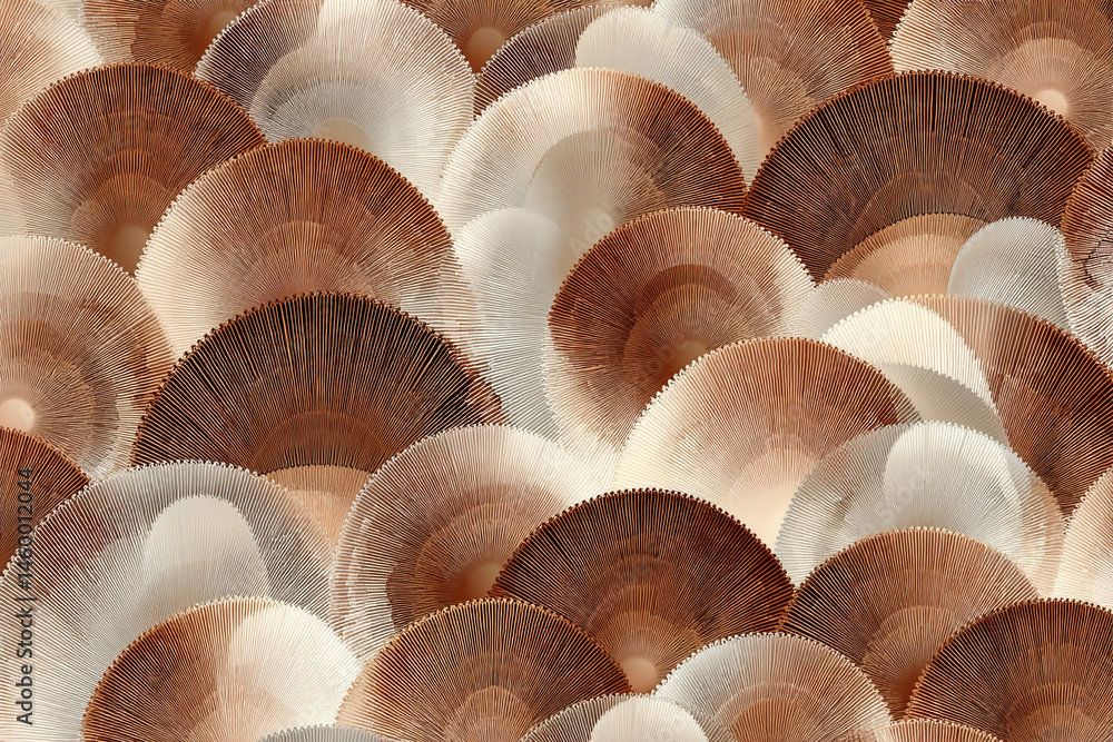 Poster Close-up of overlapping mushroom gills, exhibiting brown and beige tones creating a textured pattern, showcasing nature's intricate design, ideal for artistic or nature-themed projects