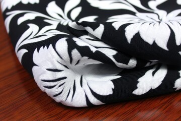 Close-up of black fabric with white floral pattern, textured and folded on dark wooden background