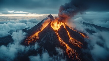 Volcano erupting through clouds