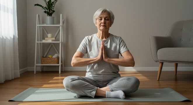 Mulher idosa praticando yoga em casa relaxamento medita&ccedil;&atilde;o