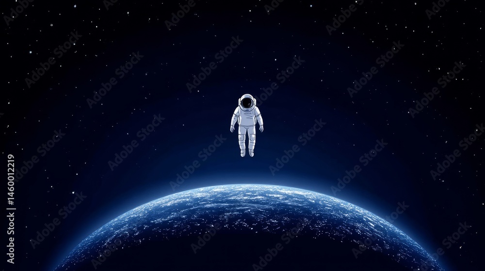 Wall mural astronaut floating above earth - a lone astronaut floats in the inky blackness of space, earth a vib