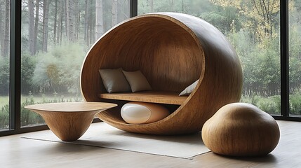 Modern, wooden seating area with a unique, organic design.