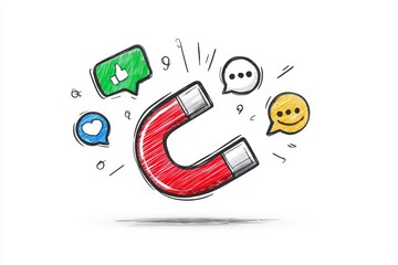 Attract Online Engagement: A Social Media Magnet - Boost social media presence. Concept: Magnet attracting likes, comments, shares, hearts