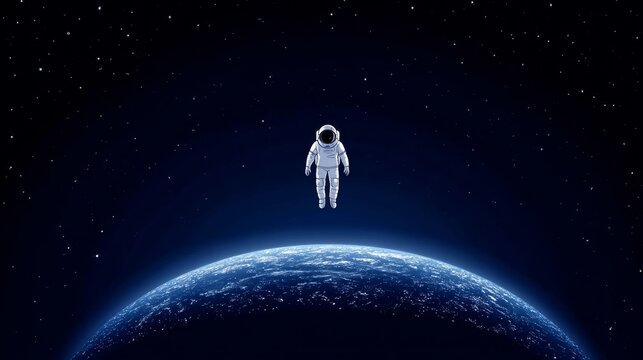 Astronaut Floating Above Earth - A lone astronaut floats in the inky blackness of space, Earth a vibrant blue sphere below. A stunning cosmic scene