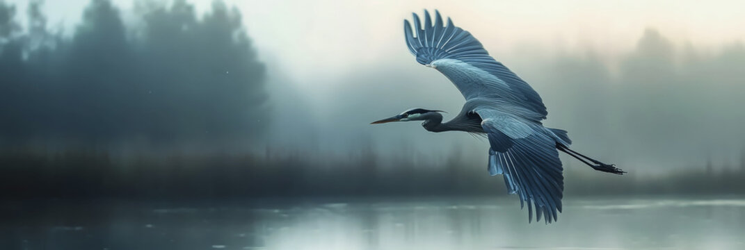 A Great Blue Heron flies gracefully over tall reeds, silhouetted against a warm, textured sunset sky, evoking a sense of tranquility and the beauty of nature at dusk