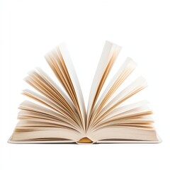 An open book with fanned pages displayed against a white background.