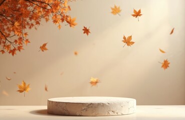 Stone podium with falling autumn leaves on beige background. Maple leaves, product showcase concept. Minimalist design, seasonal decor, space for brand. Autumn season, nature fall theme.