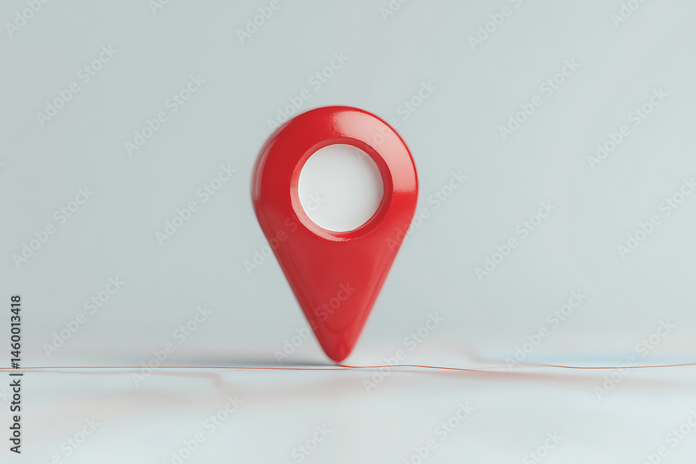 Poster red map pin pointing to a destination on a light-colored surface. the location marker has a white ce