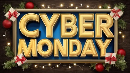 Golden Cyber Monday Text with Christmas Decorations and Lights