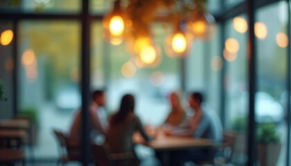 Blurred image people meeting at table cafe, modern setting. Business professionals discussing project, team work indoors. Group colleagues, employees talking strategy, making deal, sharing ideas,