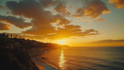 Golden sunset over coastal city