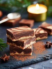 Stack of three pieces of chocolate fudge on a black slate board. the fudge is a rich, dark brown color and has a smooth, glossy texture.