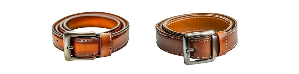 Set of brown leather belts with metal buckles – isolated on transparent background.
