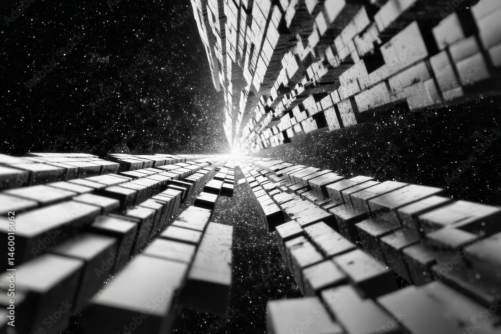 Poster block pathway - abstract grayscale of a pathway made of blocks, receding into a bright light source.