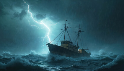 Fototapeta premium Illustration fishing boat battling severe storm at sea. Lightning strikes illuminate dark sky, turbulent ocean. Vessel faces danger, waves crash. Concept art of adventure, risk, lone ship, high