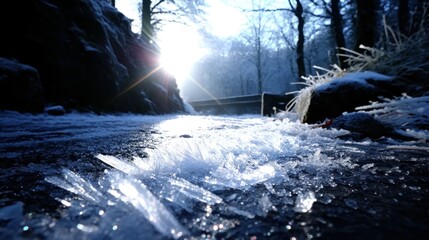 Close-up of ice crystals on rocky surface with snow-covered ground and sunlight through trees
