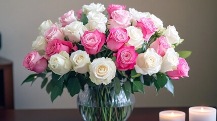 Obraz premium Elegant floral arrangement of pink and white roses in a chic vase