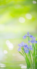 Delicate purple irises in a tranquil green garden setting
