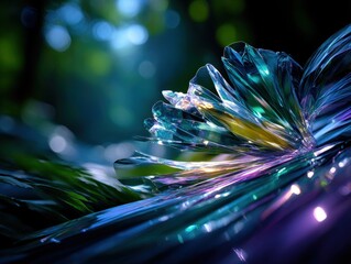 Close-up of iridescent translucent flower with shard-like petals in teal purple and gold hues