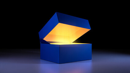 A blue box is slightly open, emanating a soft, warm glow from within. The surrounding darkness enhances the contrast, capturing attention and evoking curiosity
