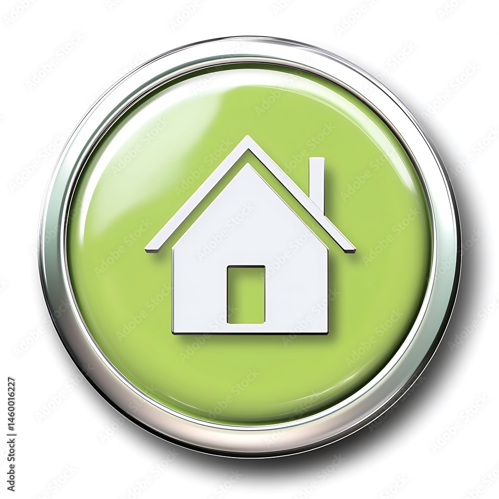 Poster green home icon button: glossy metallic frame with white house symbol for navigation and design elem