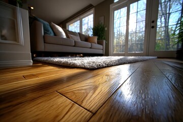 Close-up of light brown hardwood floor with visible wood grain and reflective surface in a modern living room