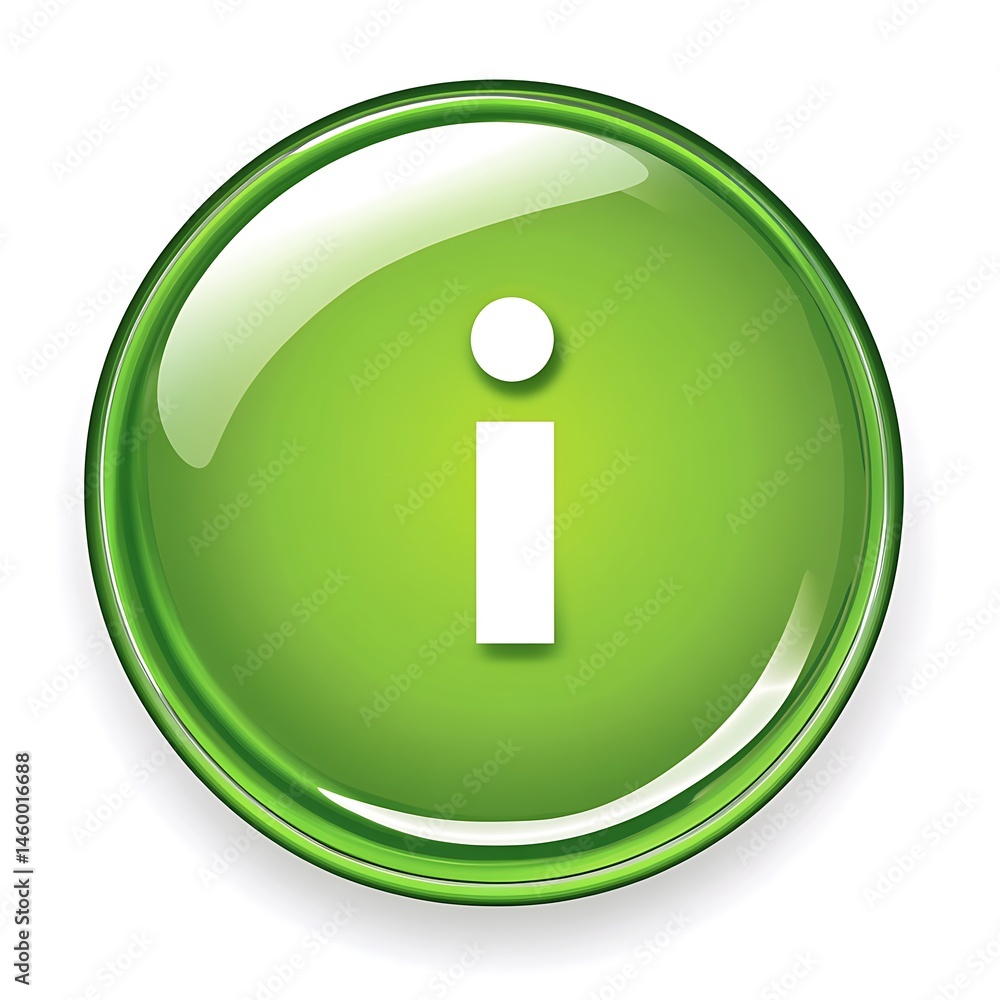 Poster green information button graphic: glossy round symbol for education, guidance, and navigation in dig