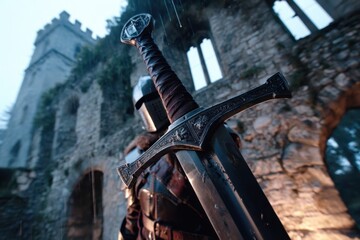 Close-up of ornate knight's sword with intricate detailing, rain, stone ruin, and armor in background