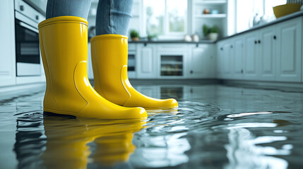 Person in yellow rubber boots standing in water in flooded kitchen after leak with copy space. Home insurance, accident