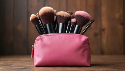 Pink makeup pouch filled with various makeup brushes. The tools sit on a wooden surface, offering a neat arrangement. These cosmetics essentials for beauty application, artistry, grooming and fashion.