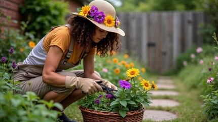 Woman gardening joyfully in a vibrant flower-filled backyard  