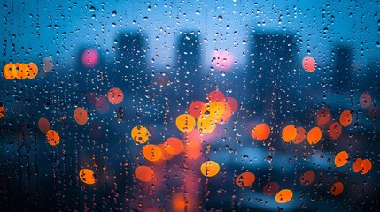 Close-up of rain droplets on glass with blurred cityscape lights in dark blue, orange, and pink tones