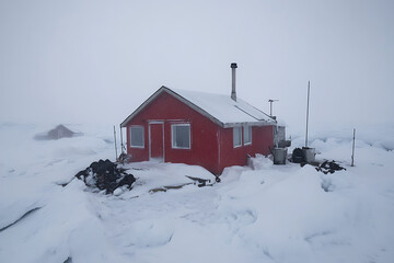 Remote outpost: A red cabin stands against the stark white of a snowy landscape, suggesting a secluded research or shelter in a harsh environment.