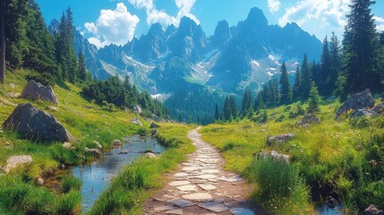 Fototapeta premium Serene mountain path alongside a stream, leading towards majestic peaks under a bright sky