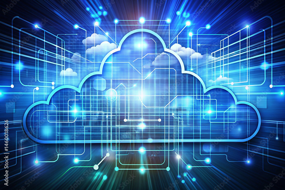 Poster futuristic cloud computing network digital data and global connectivity