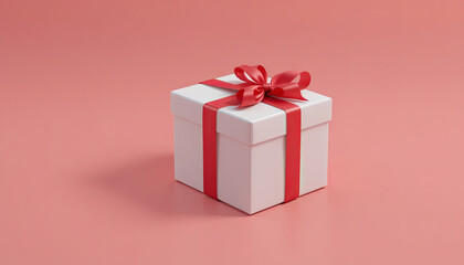 Fototapeta premium A pristine white gift box adorned with a vibrant red ribbon and bow sits gracefully on a soft pink surface. The cheerful colors create an inviting atmosphere for special occasions